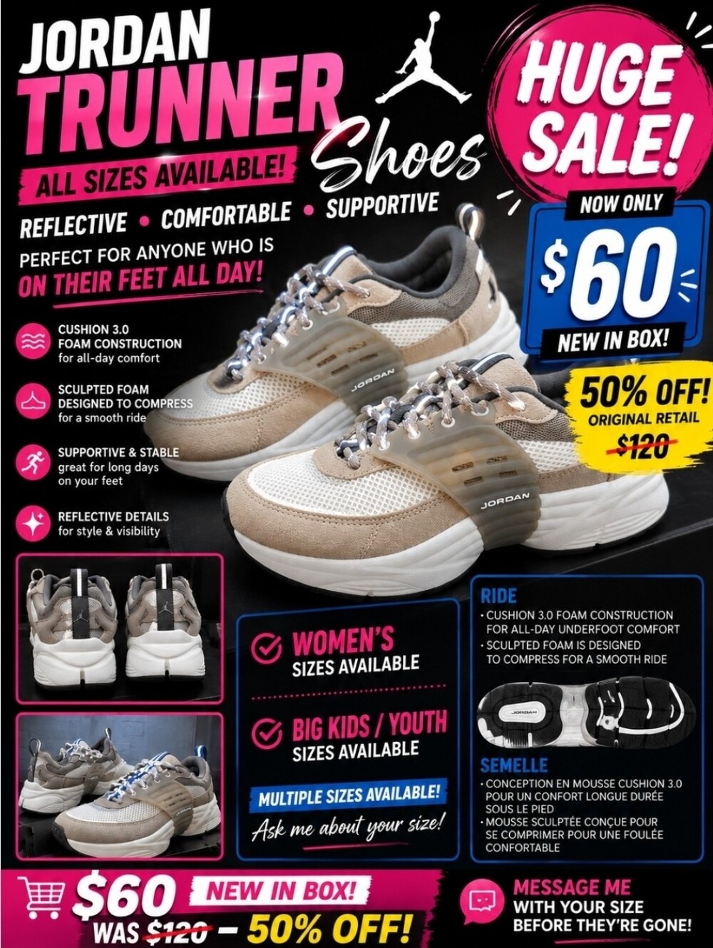 SALE! Jordan Trunner O/S Khaki Reflective Running Shoes Nike Womens RETAIL 115